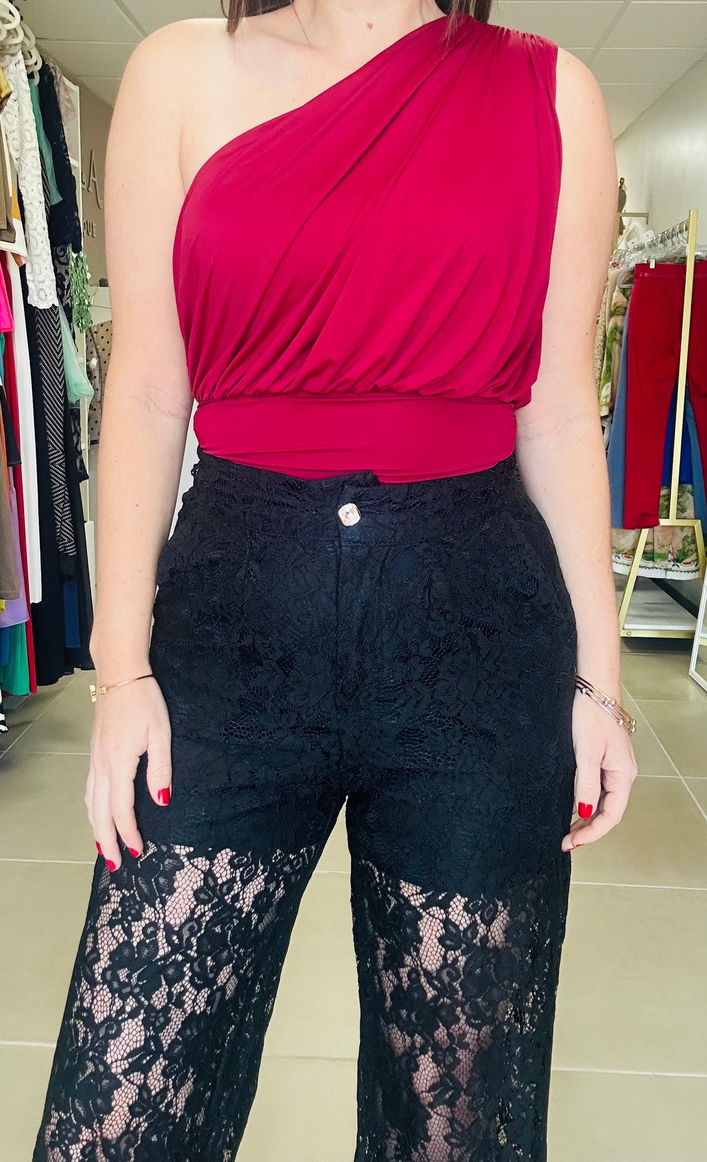 One Shoulder Dark Red Top