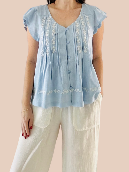 Sky blue embroidery V Neck Top