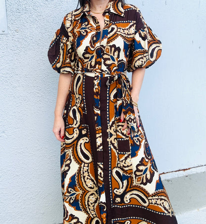 Brown Puff Sleeve Maxi Dress