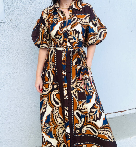 Brown Puff Sleeve Maxi Dress