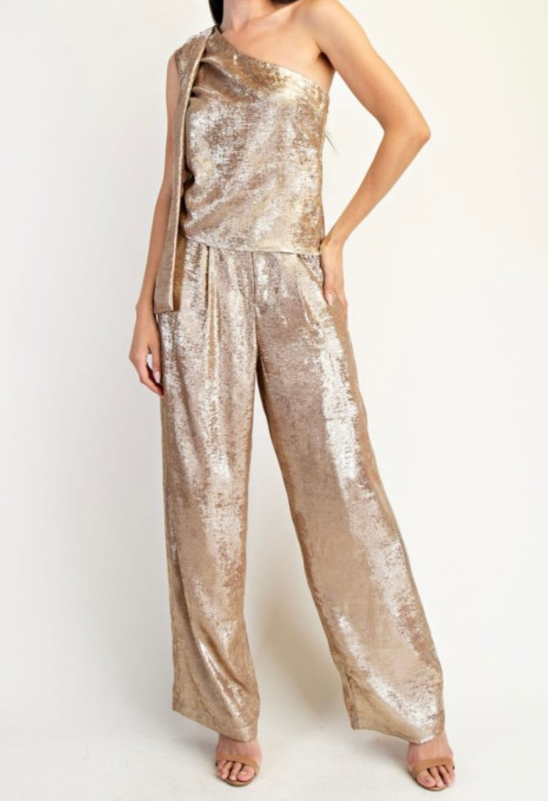 Gold Shimmer One Shoulder Top +Pant Set