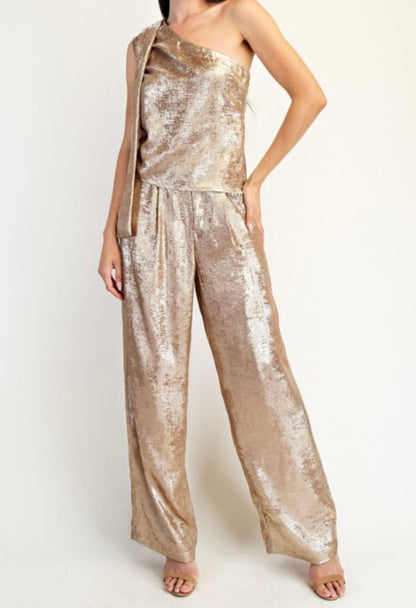 Gold Shimmer One Shoulder Top +Pant Set