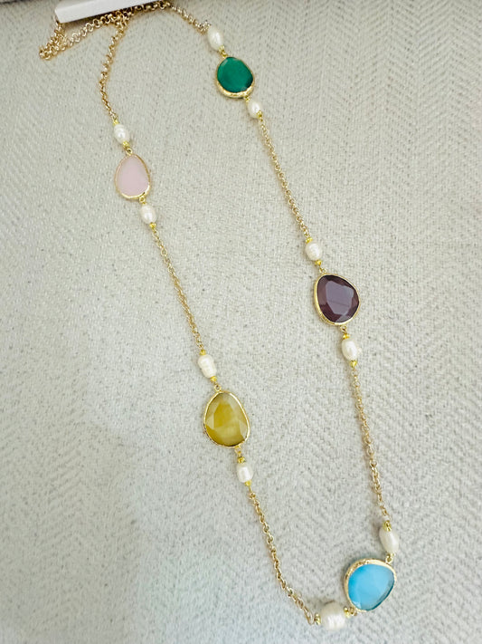 Stones and Pearls Gold Plated Necklace