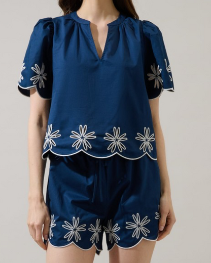 Navy embroidery Top and Short Set