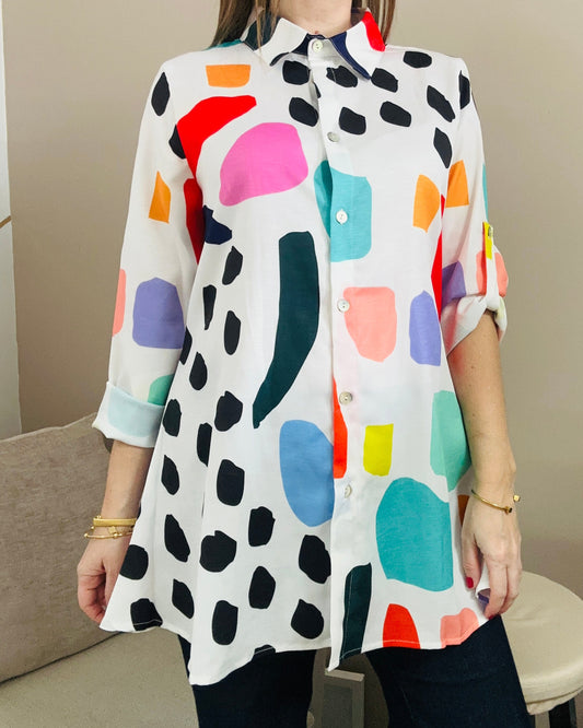 Free Form Colorful Button Down Blouse