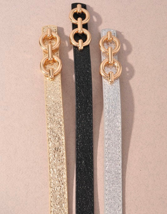 Metallic texture double buckle Skinny belts