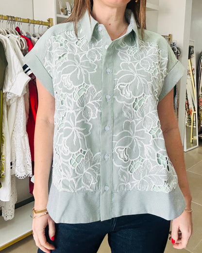 Green Stripes Button down  Top By. Gracia