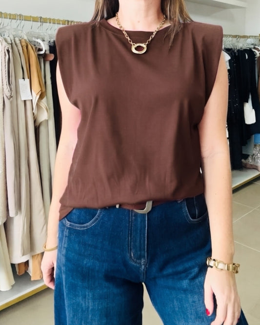 Brown Padded Shoulder Top