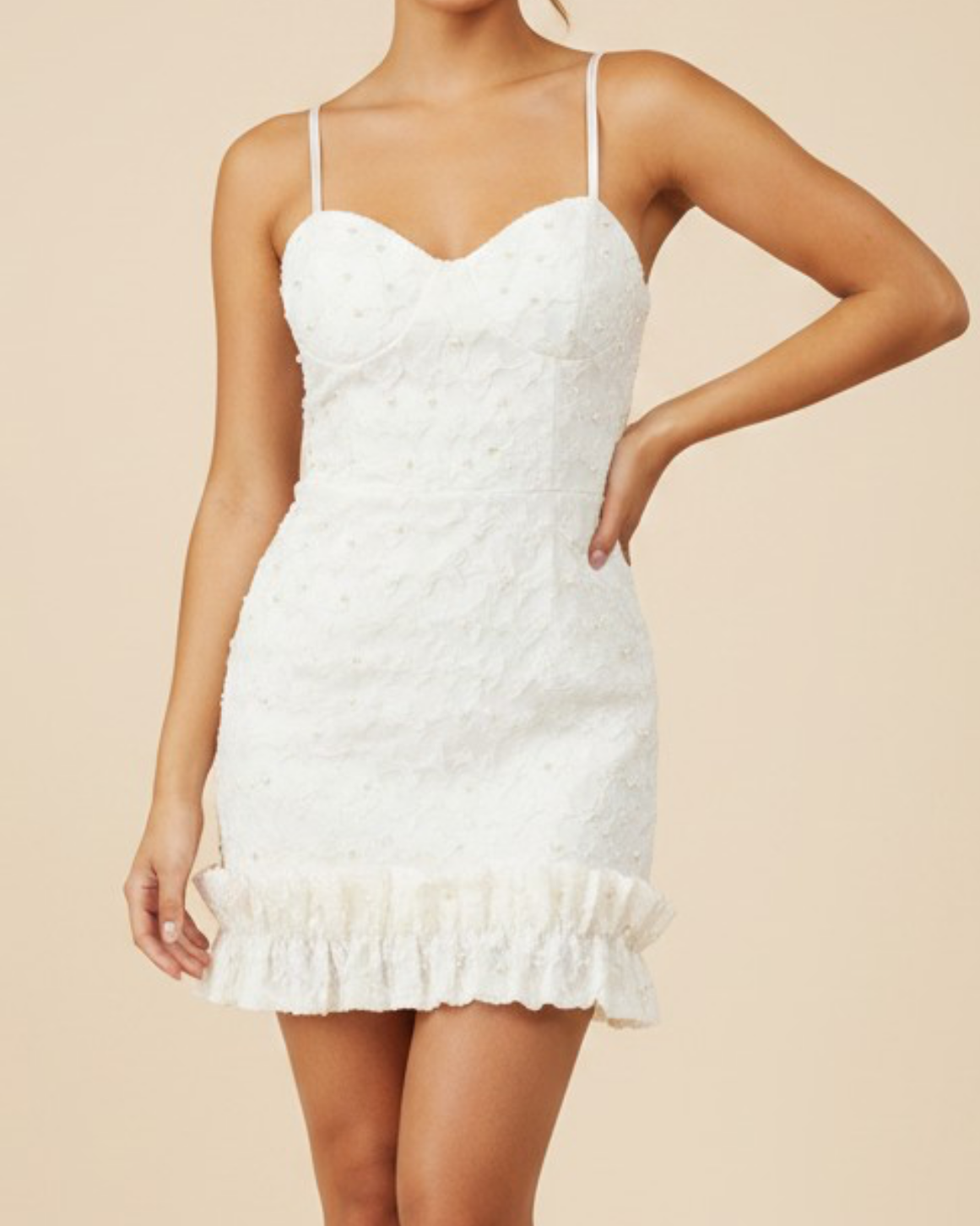 Texture Pearl/ Ruffle hem White Dress