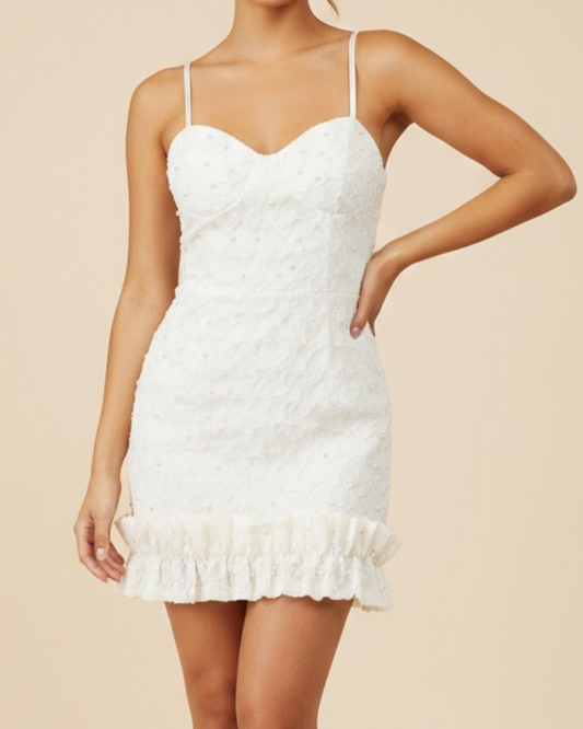 Texture Pearl/ Ruffle hem White Dress( Pre-order now! Arrive May/14)