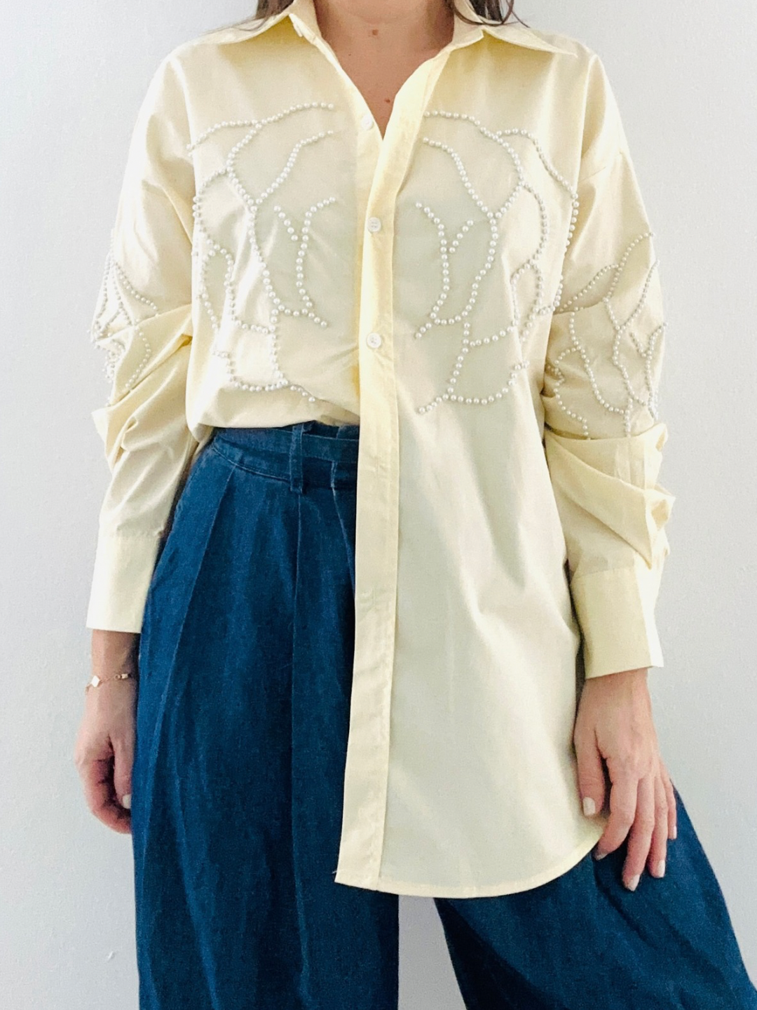 Oversized Pearls Light Yellow Blouse
