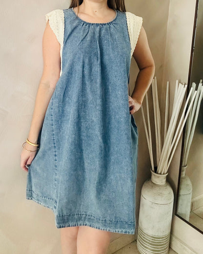 Cream Lace Details/ Denim  Oversized Dress
