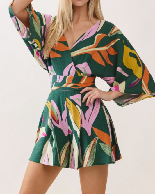 Green Leaf Print Romper