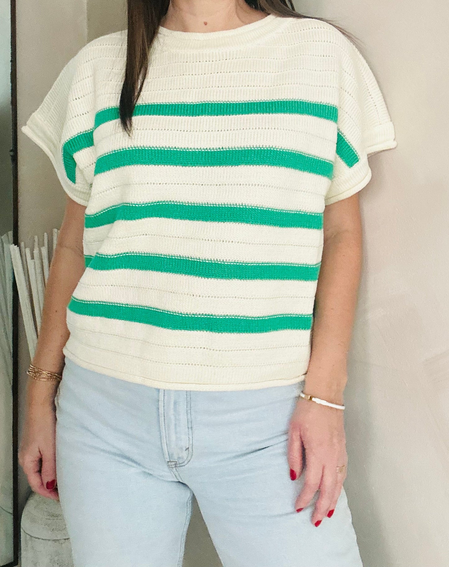 DROP SHORT SLEEVE STRIPED KNIT SWEATER TOP