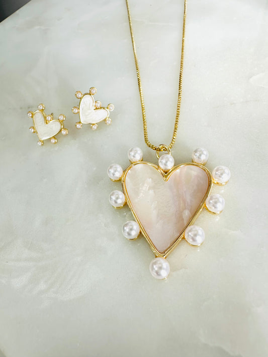 Pearls Heart  Necklace +earrings