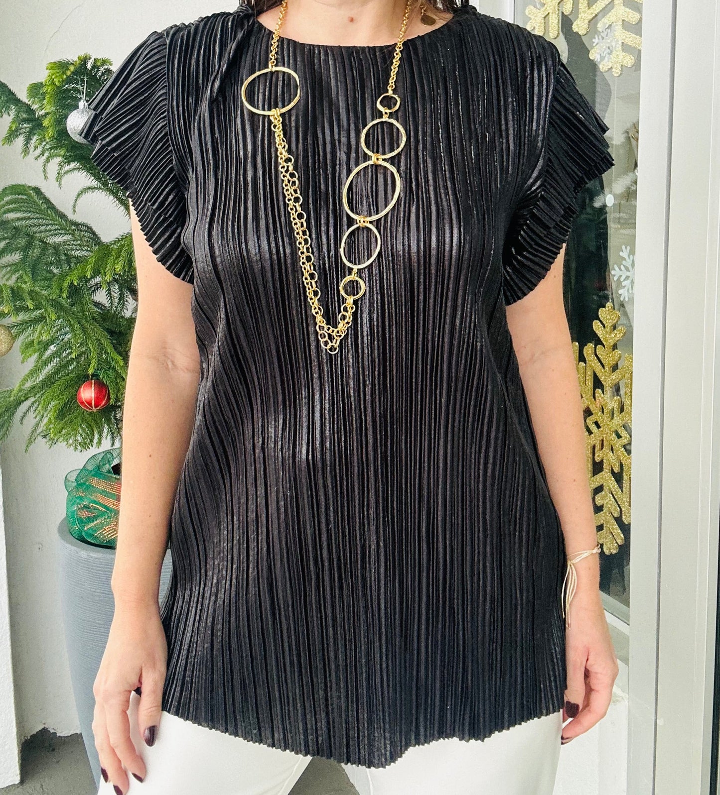 Black Metallic  Pleated Top