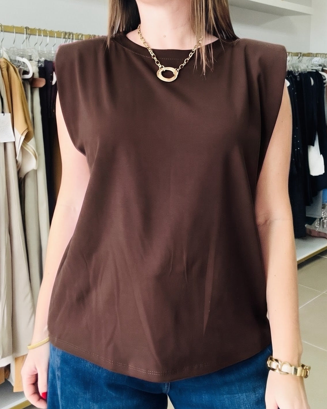 Brown Padded Shoulder Top