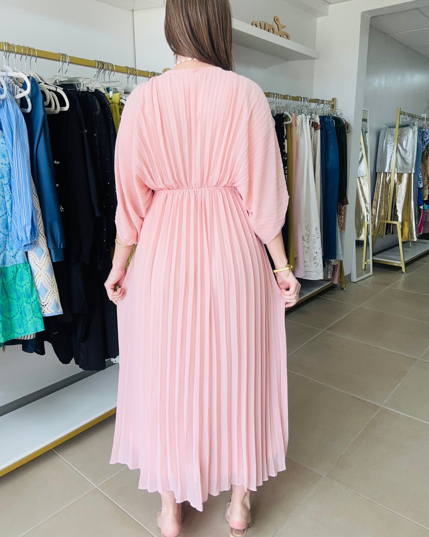 Pink Blush V Neck  Pleated Dress