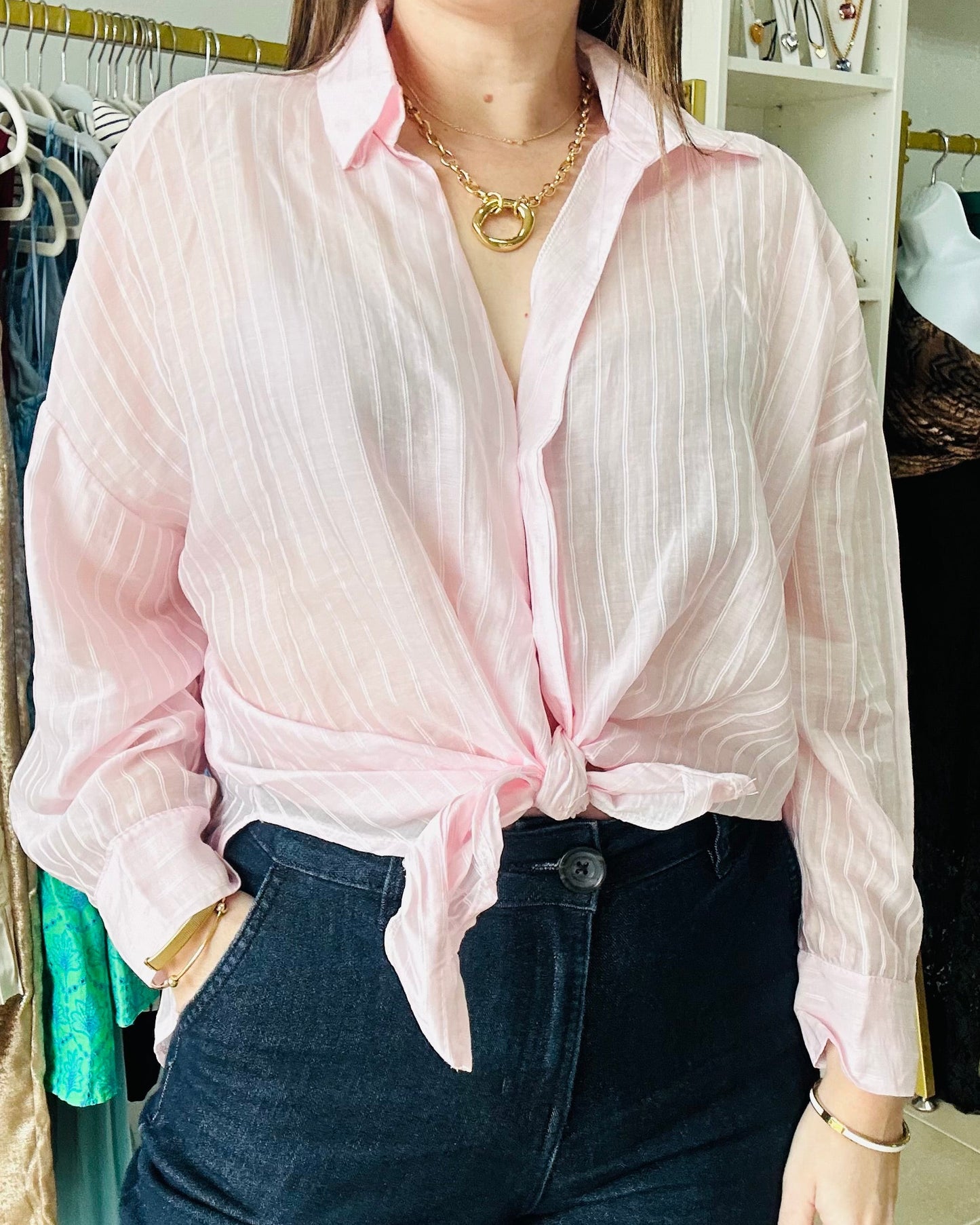 Light Pink/ white Stripes Button Down Top