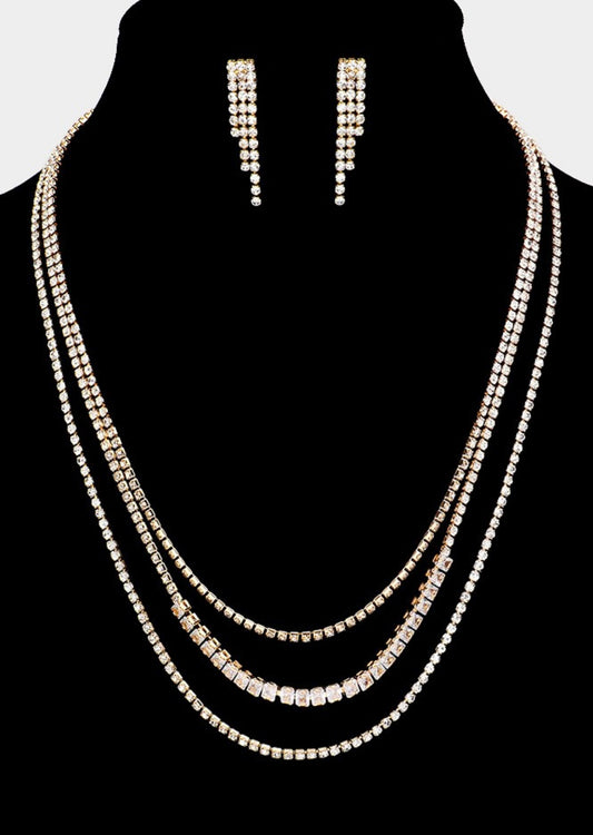 Rhinestone Triple Layered  Necklace Set