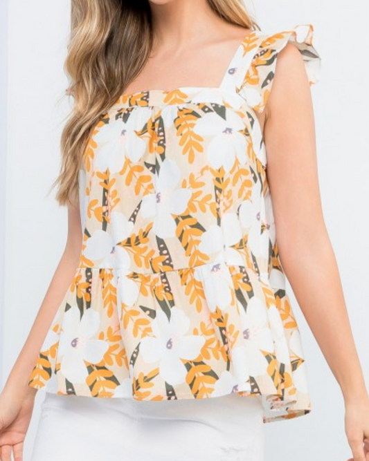 Light Yellow Square Neck Floral Top  PLUS size