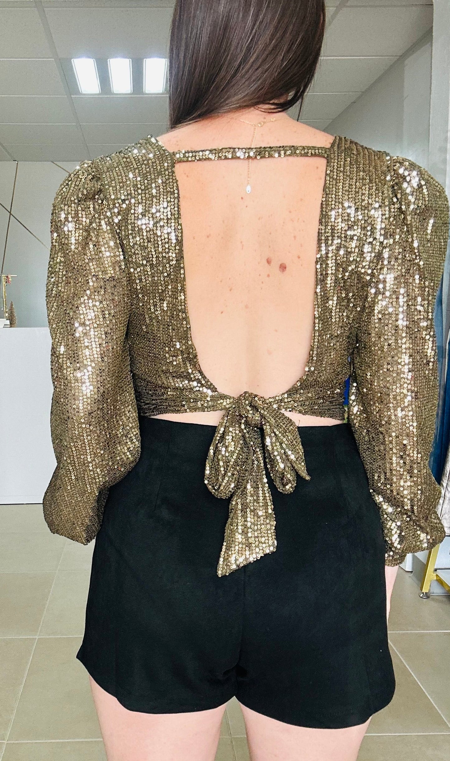 Long Sleeve Antique Gold Sequin Crop Top