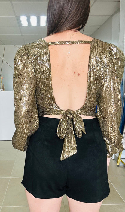 Long Sleeve Antique Gold Sequin Crop Top