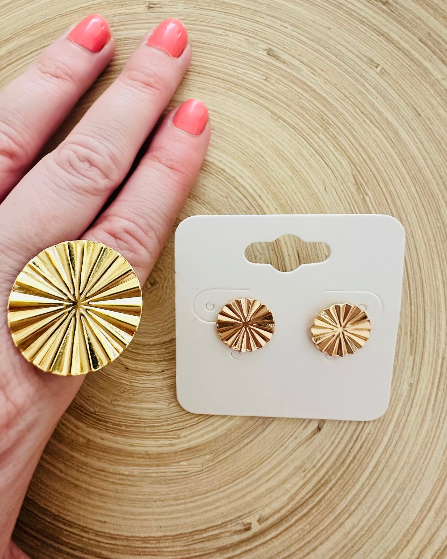 Golden Stud Earrings & Ring Set
