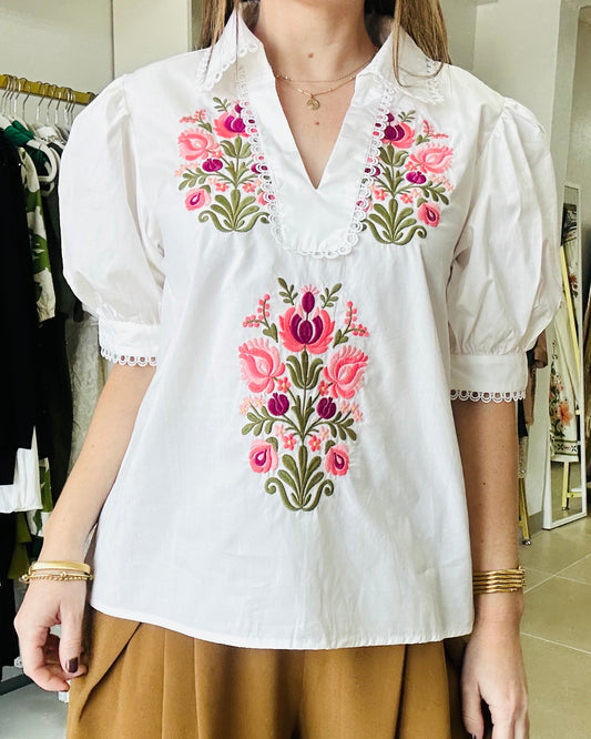 Puff Sleeve Floral Embroidery Off White Top