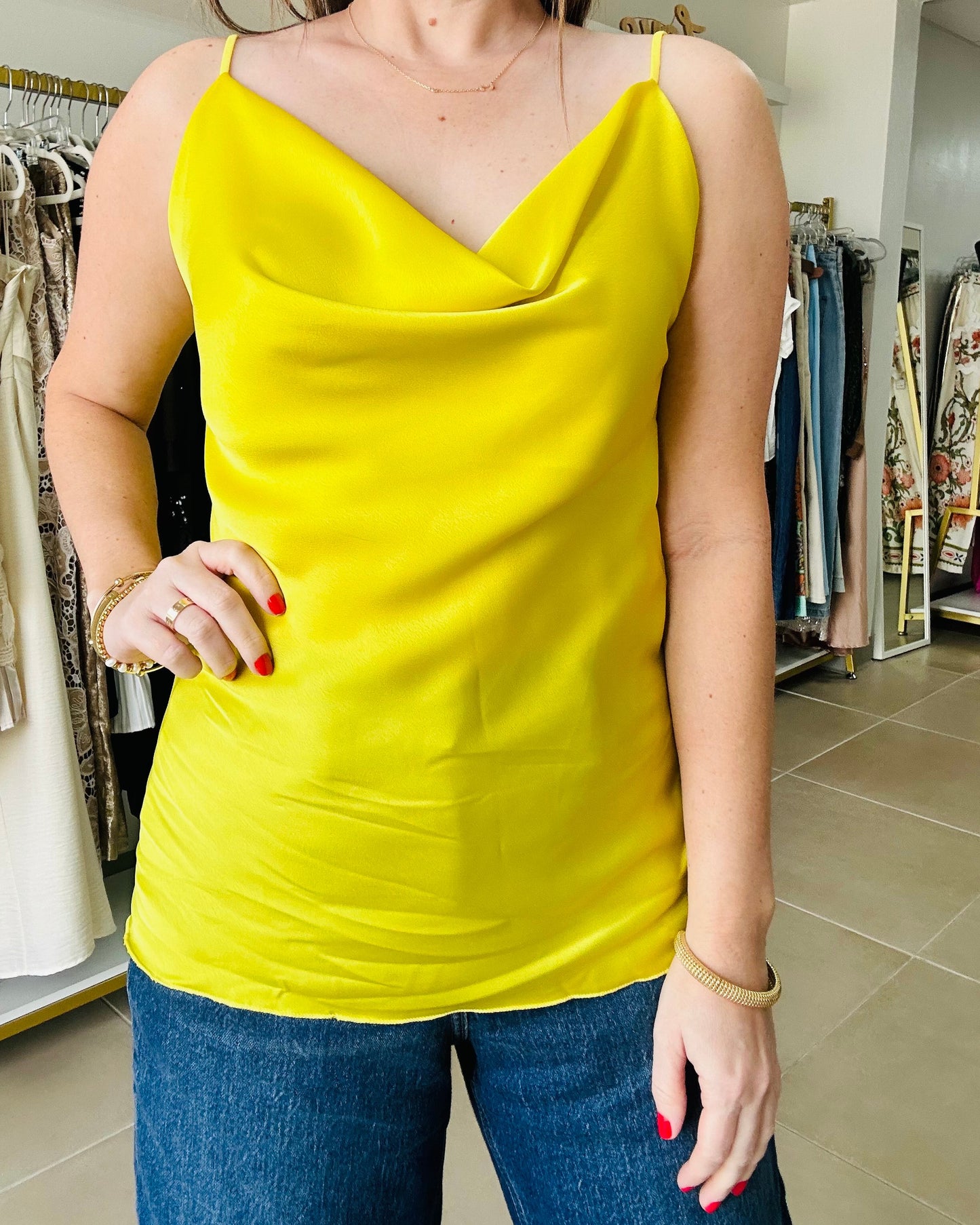 Yellow Satin Cowl Neck Top
