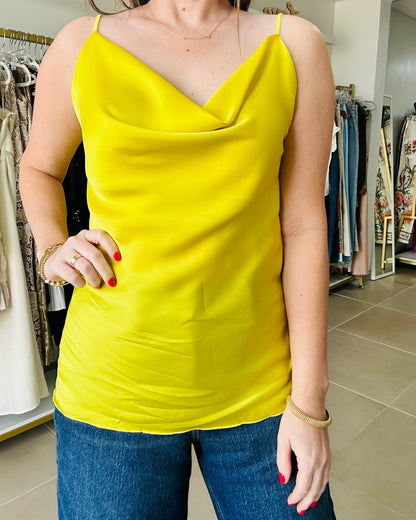 Yellow Satin Cowl Neck Top