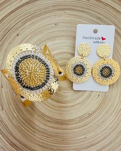 Gray/White Circle Beaded Cuff +Earrings Set