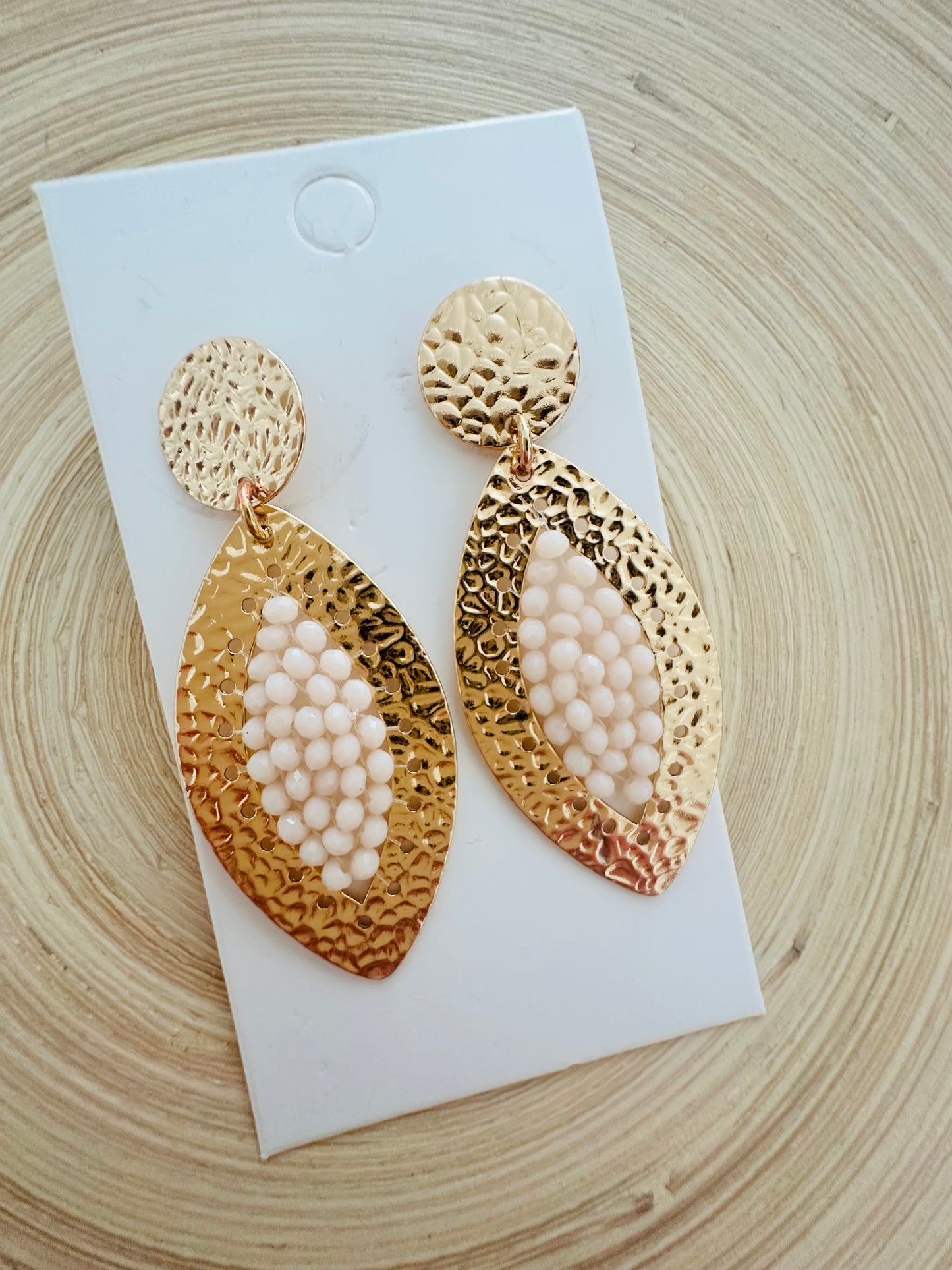 Cream Beaded  Leaf Earrings
