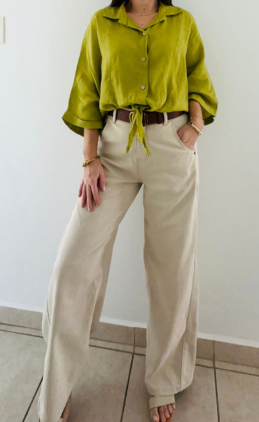 Cream Texture Belted Barrel Jeans