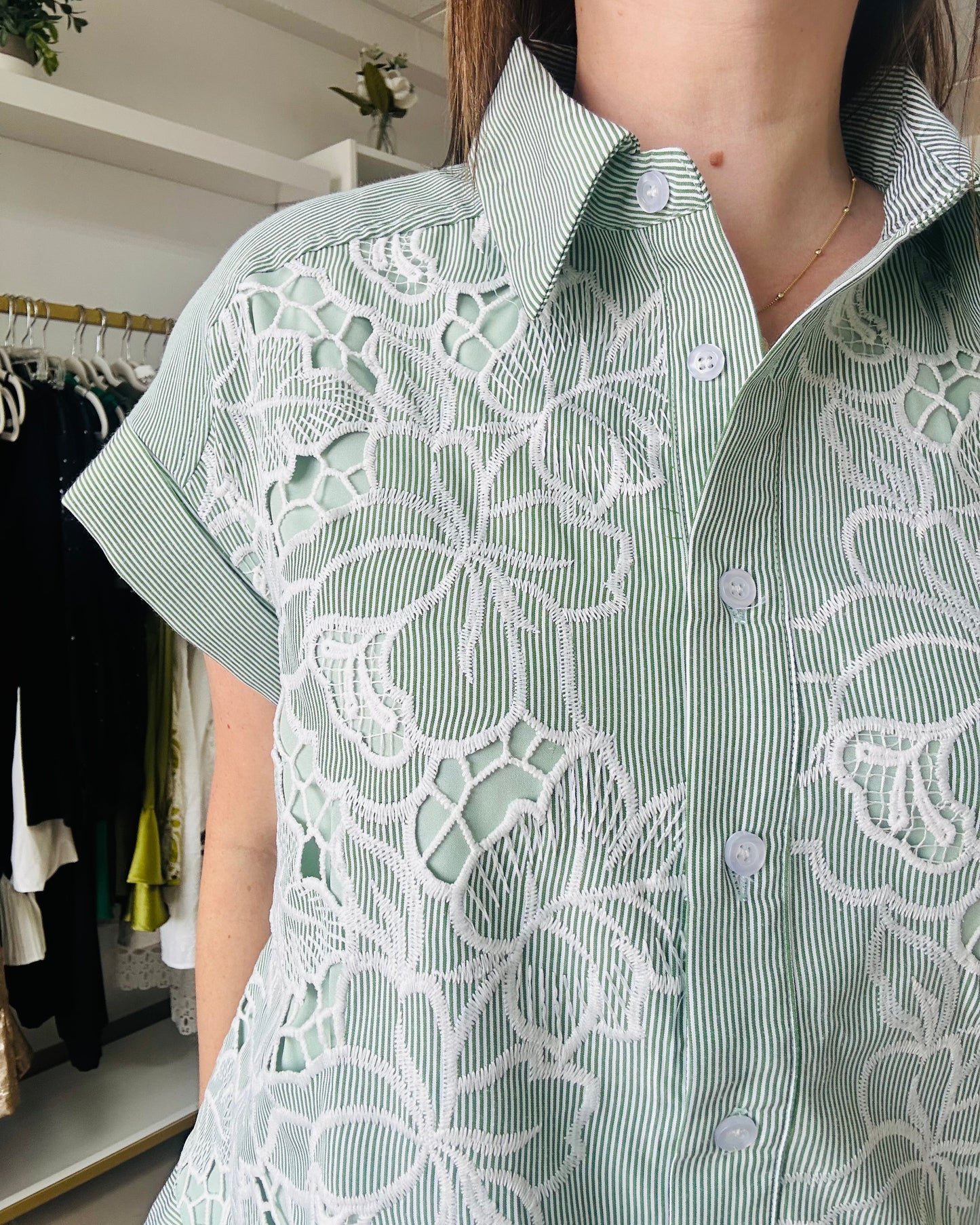 Green Stripes Button down  Top By. Gracia