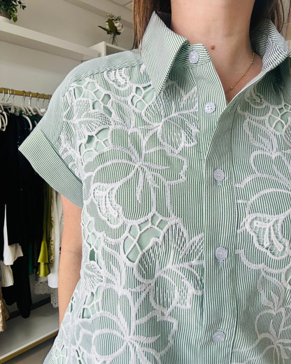 Green Stripes Button down  Top By. Gracia
