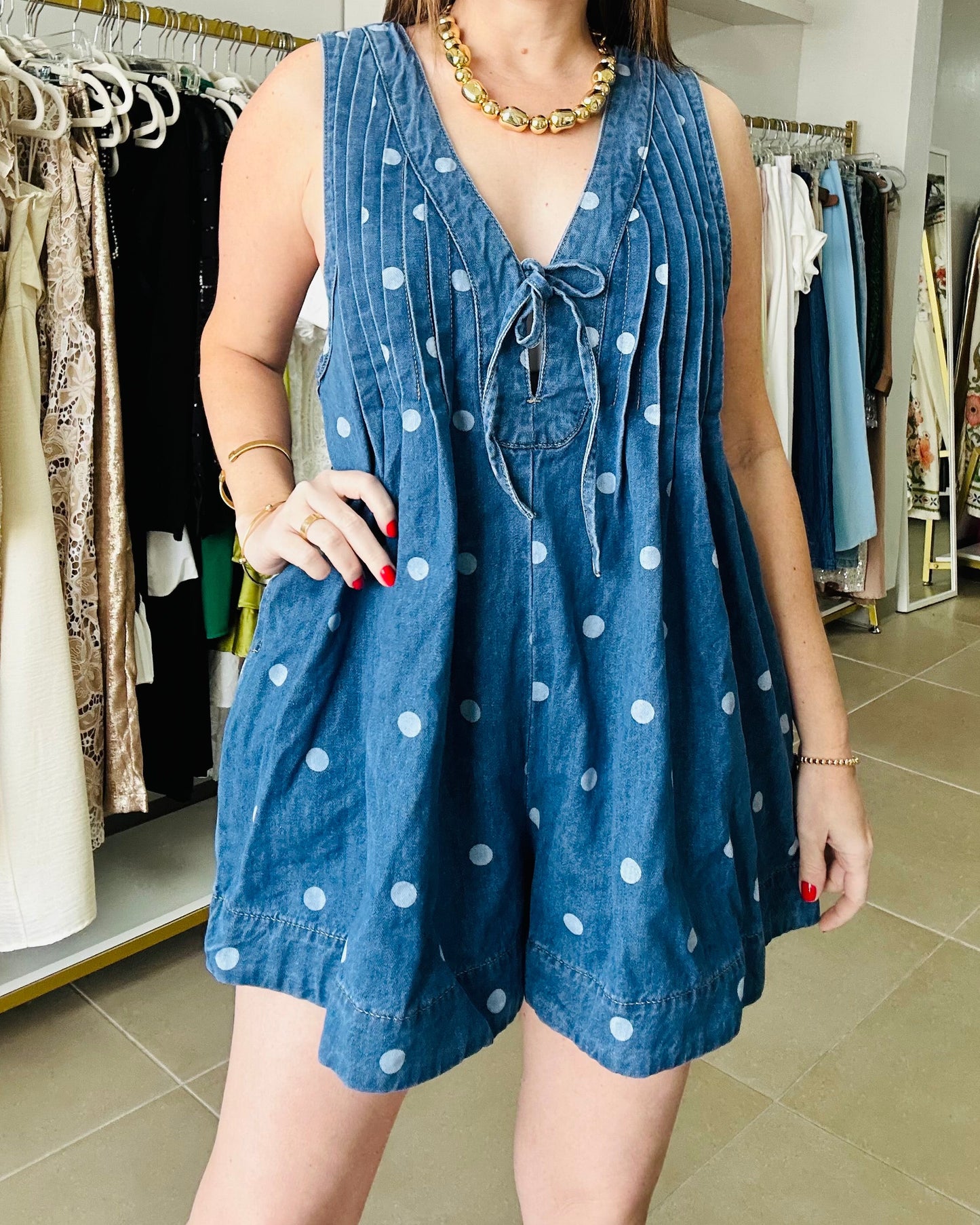 Polkadots Denim V Neck Romper