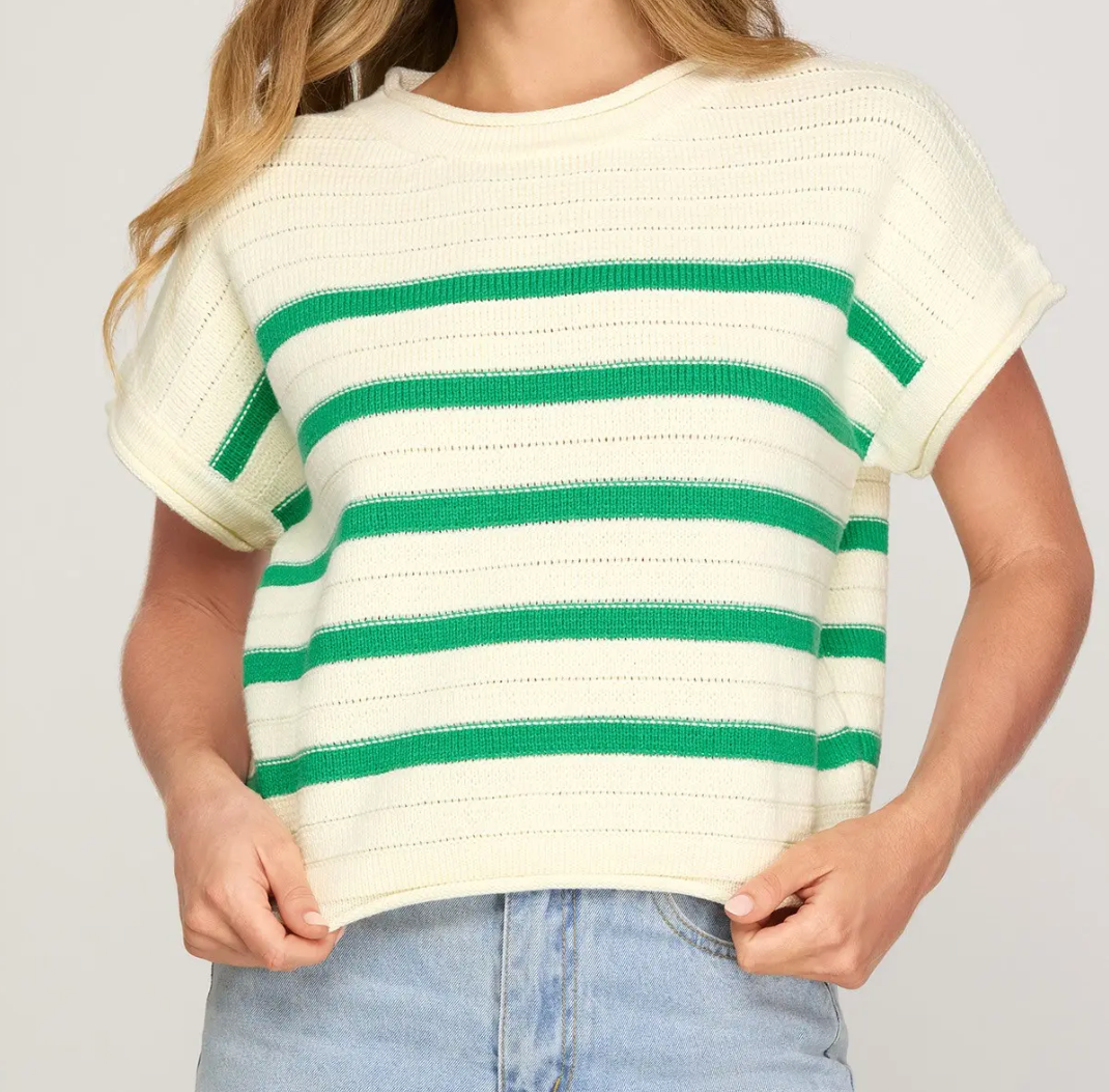 DROP SHORT SLEEVE STRIPED KNIT SWEATER TOP