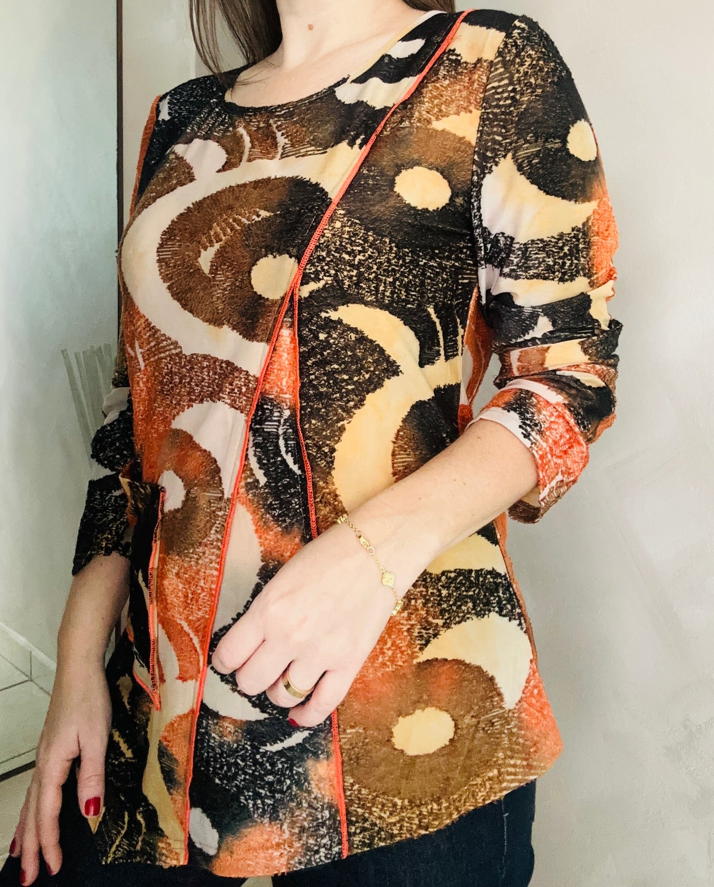 Orange Print Asymmetric Long Sleeve Blouse