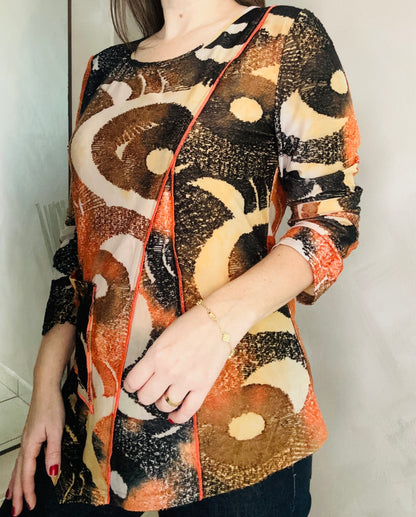 Orange Print Asymmetric Long Sleeve Blouse