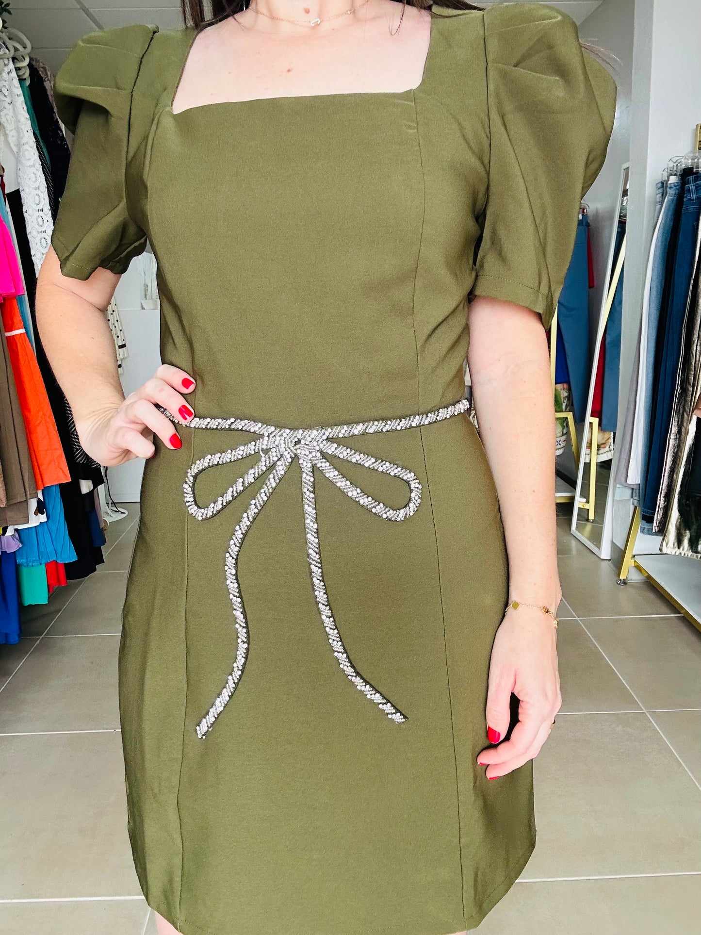 Olive Puff Sleeve Short Dress