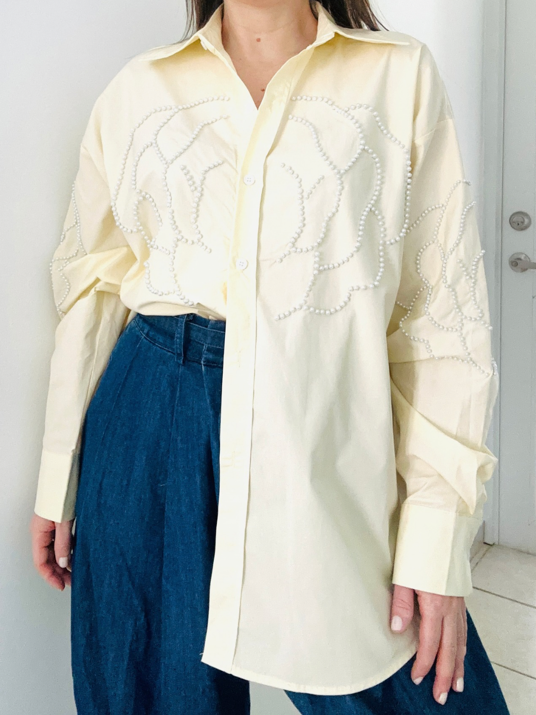 Oversized Pearls Light Yellow Blouse