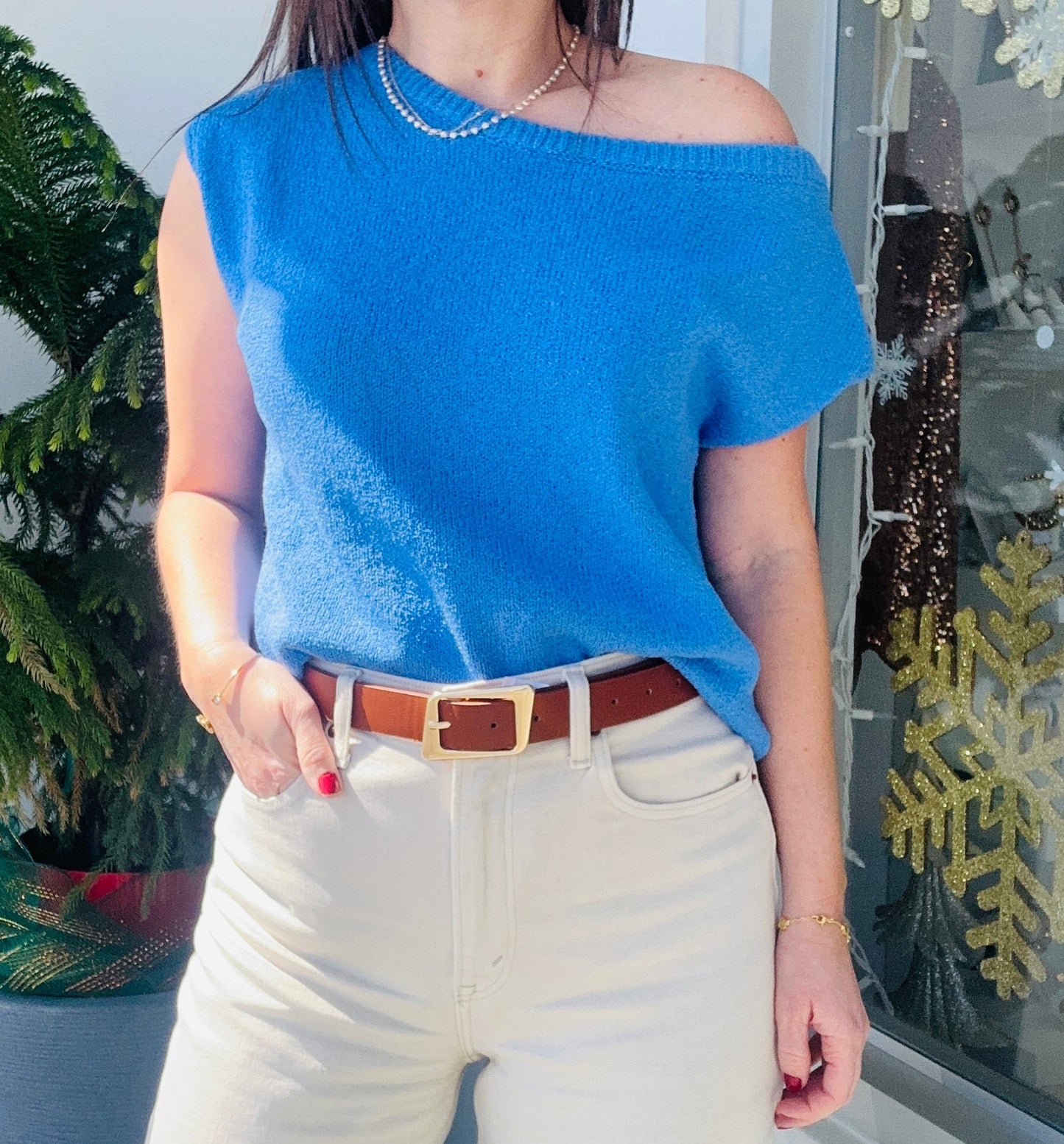 Drop short Sleeve Blue Sweater Top