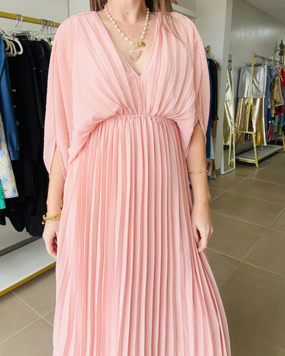 Pink Blush V Neck  Pleated Dress