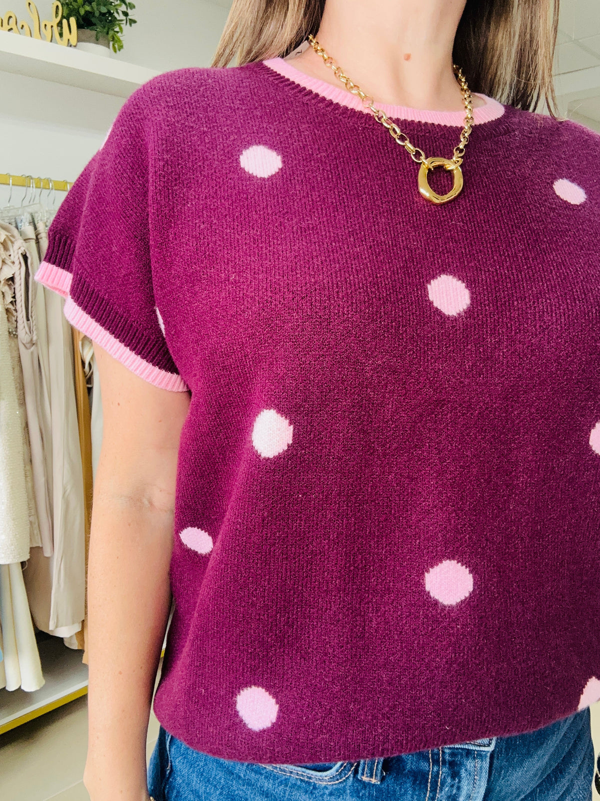 Plum Polka Knit Top