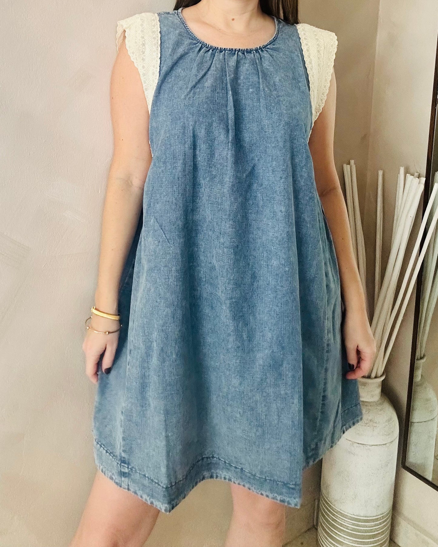 Cream Lace Details/ Denim  Oversized Dress