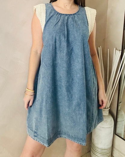 Cream Lace Details/ Denim  Oversized Dress
