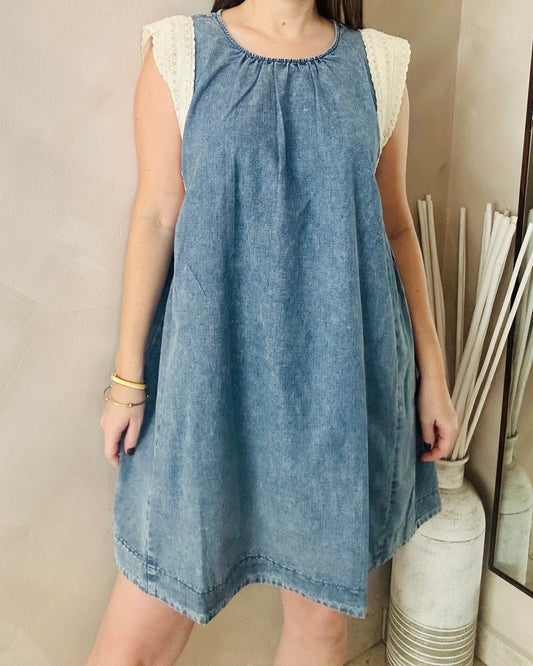 Cream Lace Details/ Denim  Oversized Dress