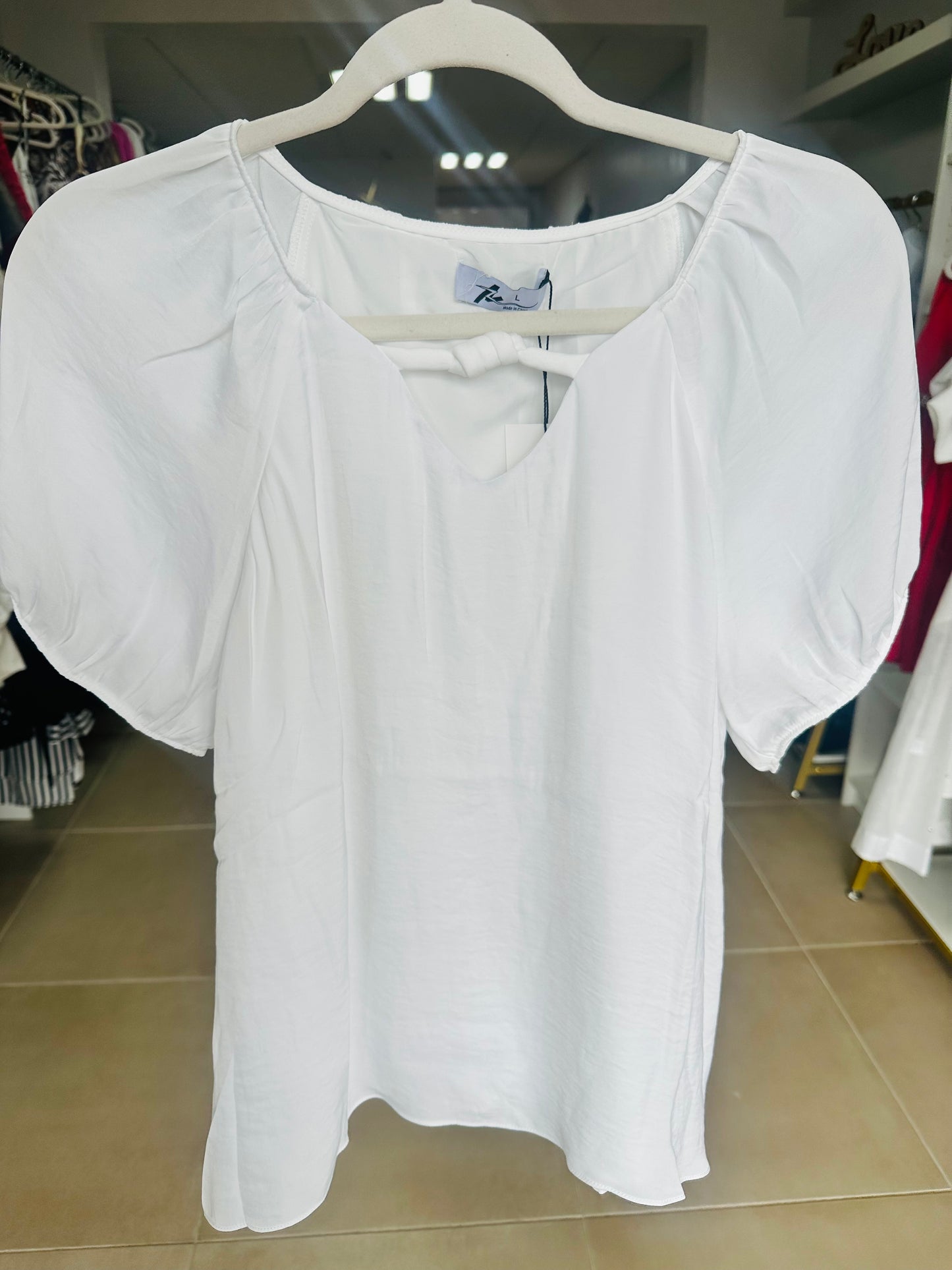 White short Sleeve Blouse with Cord Detail