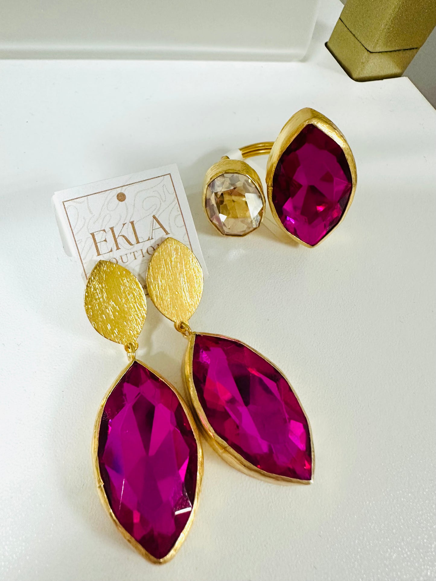 Fushia Stone Ring and Earrings